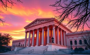 A Supreme Court building with the sun setting, symbolising victory and justice in politics.