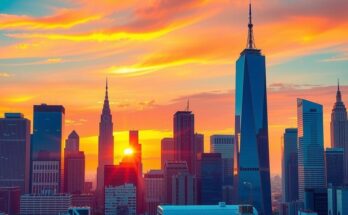 A bustling urban skyline featuring iconic city structures under a colourful twilight sky.