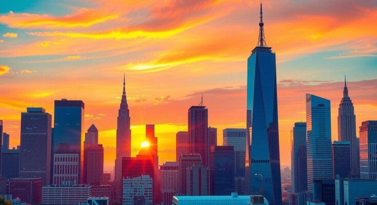 A bustling urban skyline featuring iconic city structures under a colourful twilight sky.