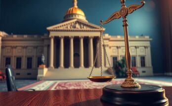 Офис Джастис с символикой справедливости и зданием законодательной власти на фоне.