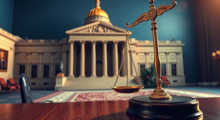 Офис Джастис с символикой справедливости и зданием законодательной власти на фоне.