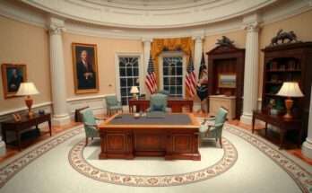 Pertemuan Trump dalam Oval Office dengan tokoh politik, suasana formal, nuansa warna netral, sepenuh perhatian.