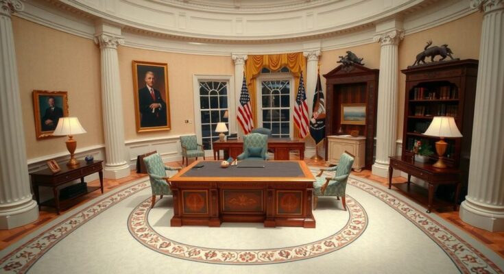 Pertemuan Trump dalam Oval Office dengan tokoh politik, suasana formal, nuansa warna netral, sepenuh perhatian.