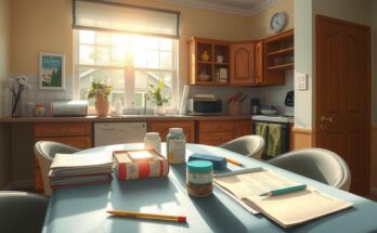 A somber kitchen scene with a cooking area and therapy supplies, illuminated by soft, natural light, representing family care and struggle.