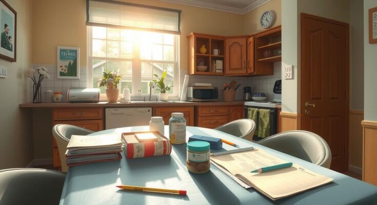 A somber kitchen scene with a cooking area and therapy supplies, illuminated by soft, natural light, representing family care and struggle.