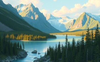 Peisaj din Alaska cu munti, paduri si un râu limpede, reprezentand natura salbatica si independenta statului.