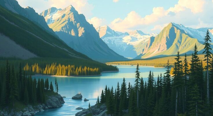 Peisaj din Alaska cu munti, paduri si un râu limpede, reprezentand natura salbatica si independenta statului.