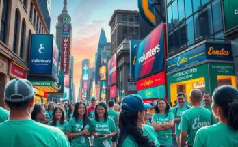 Energetic campaign scene featuring vibrant city backdrop and engaging volunteer activities.