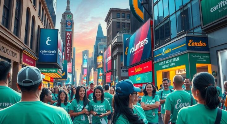 Energetic campaign scene featuring vibrant city backdrop and engaging volunteer activities.