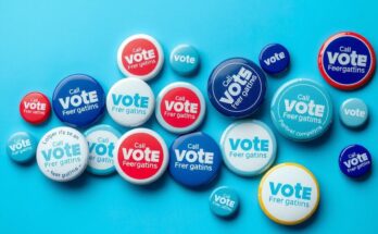 Democratic campaign banner in Virginia with blue background, campaign buttons and symbols in a vibrant colour scheme.