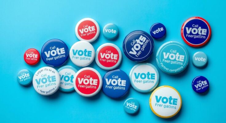 Democratic campaign banner in Virginia with blue background, campaign buttons and symbols in a vibrant colour scheme.