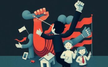 Gambar ilustratif suasana politik dengan simbol-simbol kekuasaan dan pemilihan, warna gelap untuk menggambarkan ketegangan.