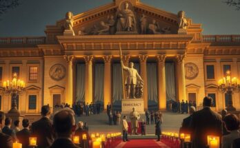 Церемония награждения на фоне здания библиотеки с осветительными свечами и статуей, символизирующей демократию.