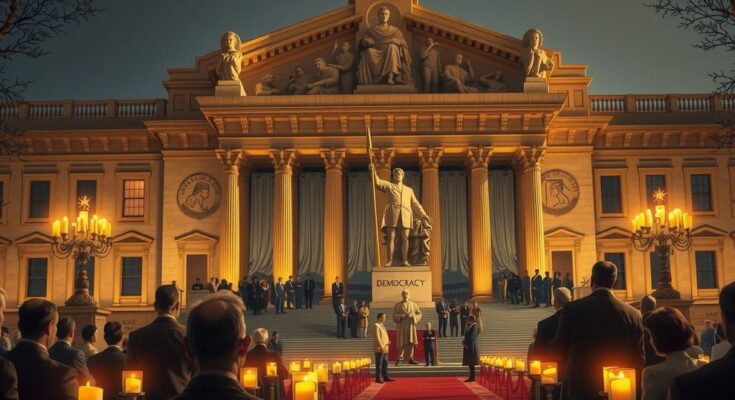 Церемония награждения на фоне здания библиотеки с осветительными свечами и статуей, символизирующей демократию.
