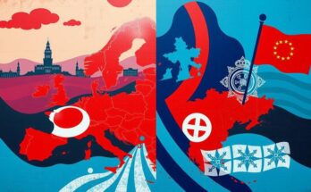 Paesaggi europei con simboli di politiche contrastanti e colori forti, rappresentativi di una polarizzazione politica.