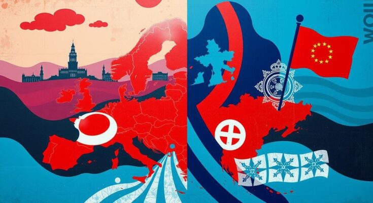 Paesaggi europei con simboli di politiche contrastanti e colori forti, rappresentativi di una polarizzazione politica.