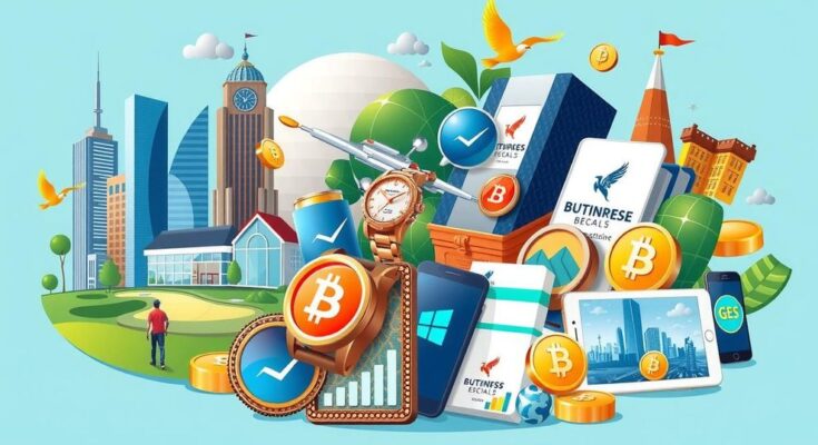 A vibrant business-themed collage showcasing diverse revenue streams like buildings, products and financial ventures.