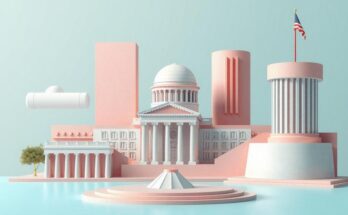 Deskripsi kreatif tentang perubahan birokrasi dengan simbolisasi modern dan palet warna pastel.