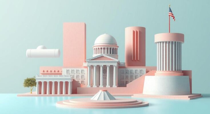 Deskripsi kreatif tentang perubahan birokrasi dengan simbolisasi modern dan palet warna pastel.