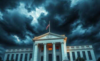 A symbolic representation of a Federal Reserve building amidst turbulent political clouds, illustrating economic tension.