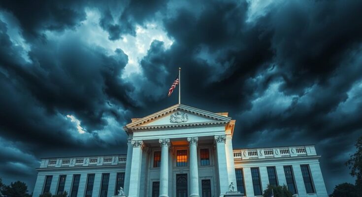 A symbolic representation of a Federal Reserve building amidst turbulent political clouds, illustrating economic tension.