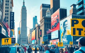 Gambaran kota New York dengan gedung-gedung ikonik dan suasana ramai, mengekspresikan semangat pemilihan umum.