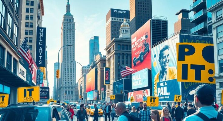Gambaran kota New York dengan gedung-gedung ikonik dan suasana ramai, mengekspresikan semangat pemilihan umum.