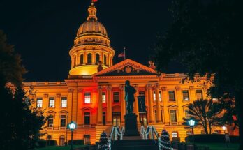 Suasana gedung legislatif Texas di malam hari dengan lampu yang berkilau, lambang kebijakan dan ketegangan.