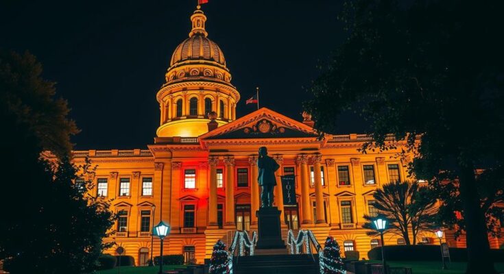 Suasana gedung legislatif Texas di malam hari dengan lampu yang berkilau, lambang kebijakan dan ketegangan.