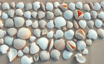 Formatiuni de scoici pe plaja, predominante in nuante de albastru si bej, surprinse intr-un cadru natural.