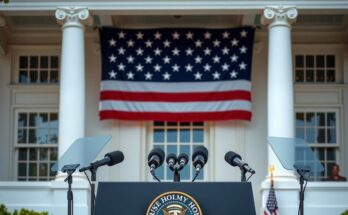 A presidential press conference at the White House, featuring microphones and an American flag backdrop.