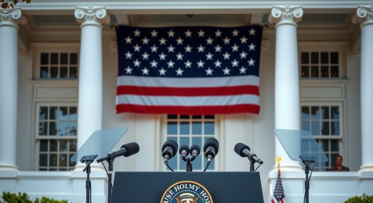 A presidential press conference at the White House, featuring microphones and an American flag backdrop.