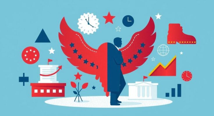 Gambar ilustrasi simbolis politik dengan palet warna biru dan merah, menampilkan isu ekonomi dan strategi pemilu.