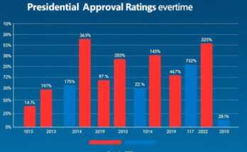 Grafico delle statistiche di approvazione presidenziale di Trump con toni blu e rossi.