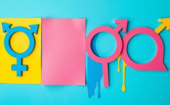 Rappresentazione artistica di simboli di genere con uno sfondo audace e colori vivaci, riflettendo la diversità delle identità.