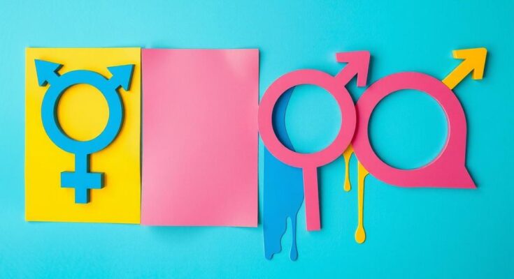 Rappresentazione artistica di simboli di genere con uno sfondo audace e colori vivaci, riflettendo la diversità delle identità.