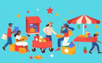 Ilustrasi kegiatan ekonomi dengan tema perdagangan, latar belakang biru dan nuansa ceria.