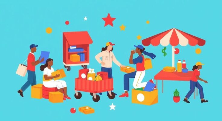 Ilustrasi kegiatan ekonomi dengan tema perdagangan, latar belakang biru dan nuansa ceria.