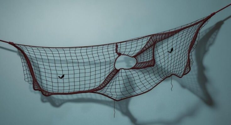 Graphical representation of a fragmented safety net symbolizing cuts to social programs affecting voters.
