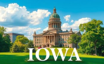 Un paesaggio di Iowa con il Campidoglio, simbolo di politica e governo, immerso nella natura e cielo blu.