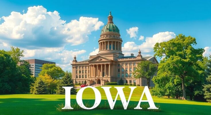 Un paesaggio di Iowa con il Campidoglio, simbolo di politica e governo, immerso nella natura e cielo blu.