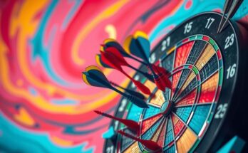 A dartboard representing political betting odds, with darts in various colours emphasizing uncertainty and stakes.