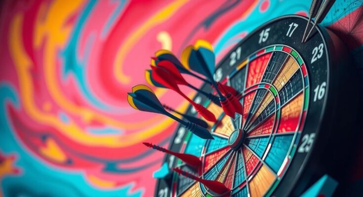 A dartboard representing political betting odds, with darts in various colours emphasizing uncertainty and stakes.