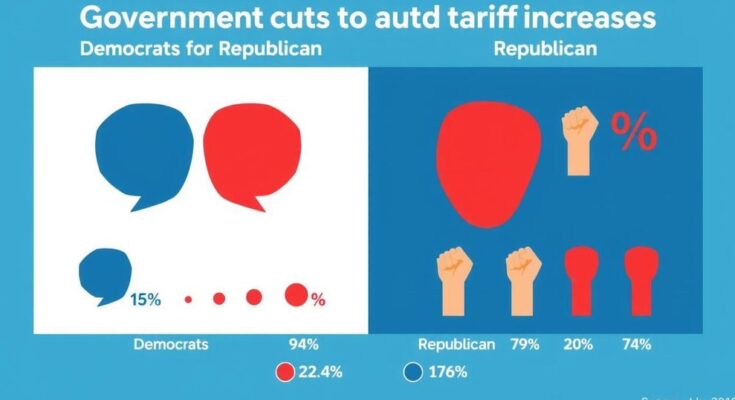 Diagram showing contrasting views on government cuts and tariffs under Trump's administration in America.