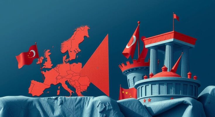 Elezioni politiche europee con simboli rappresentativi dei partiti, in un'atmosfera polarizzata e dinamica.