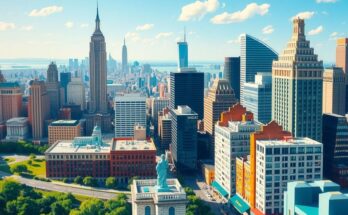 Une scène politique new-yorkaise avec une métropole animée et des éléments démocratiques en arrière-plan.