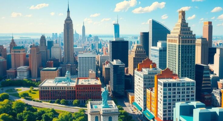 Une scène politique new-yorkaise avec une métropole animée et des éléments démocratiques en arrière-plan.