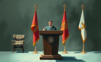 Military briefing podium with flags and microphones in a conference room, symbolising military strategy and news reporting.