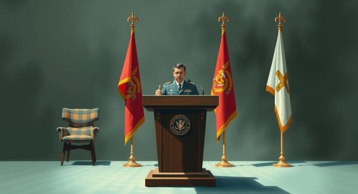 Military briefing podium with flags and microphones in a conference room, symbolising military strategy and news reporting.