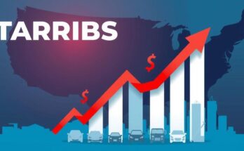 Visualisasi efek tarif di AS dengan grafik naik, mobil, dan barang-barang impor di latar belakang.